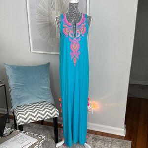 Lilly Pulitzer Embroidered Turquoise Maxi Dress/Coverup with Pom Detail